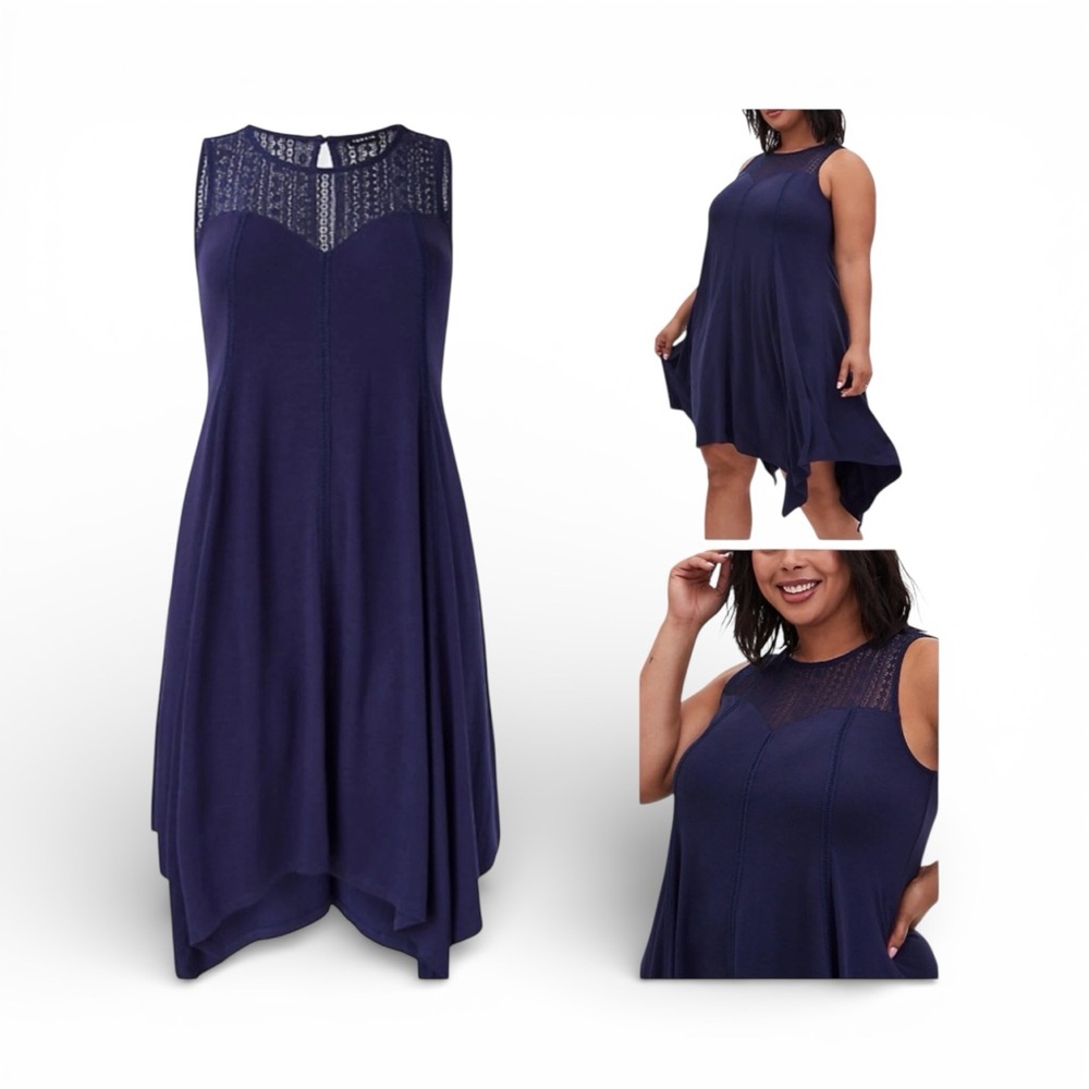 Torrid women’s navy blue midi jersey trapeze sleeveless handkerchief hem dress